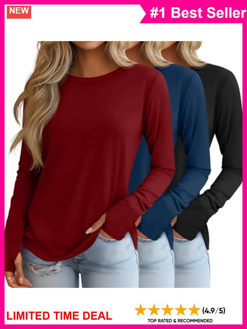 Womens Long Sleeve Cotton Tunic Shirts Thumb Holes 3 Pack Casual Layering